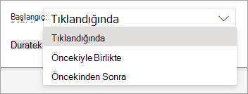 TWeb için PowerPoint'te animasyon uygularken Başlat açılan seçicisi Web için PowerPoint için PowerPoint.