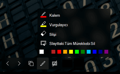 Mürekkep menüsünün genişletildiği slayt gösterisi araç çubuğu