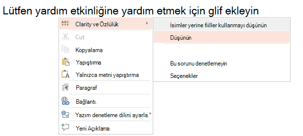 Yazma stili bağlam menüsünün ekran görüntüsü.