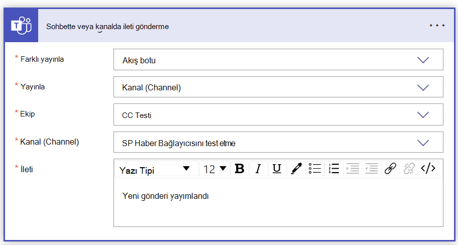 sohbet kanalındaki ileti formunun doldurulduğu gönderinin ekran görüntüsü