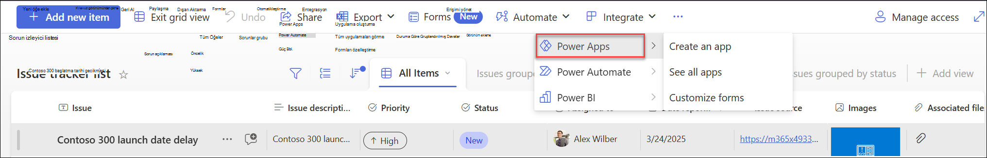 Uygulama oluştur'un seçili olduğu Power Apps menüsünün görüntüsü