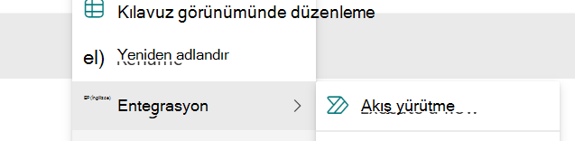 Hızlı adım çalıştırma seçeneği olan seçili öğe
