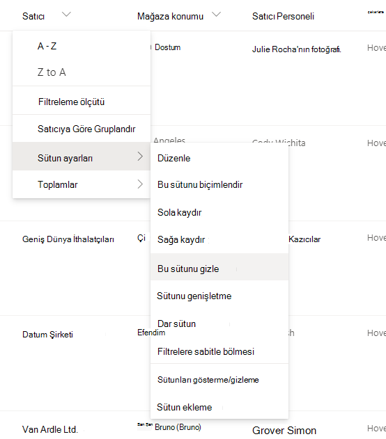 Sütun ayarları > Bu sütunu gizle seçeneği Modern bir SharePoint listesinde veya kitaplığında sütun başlığı seçildiğinde