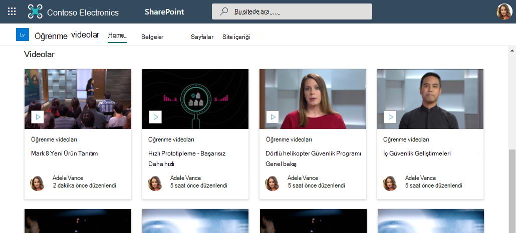 Yalnızca videoları gösteren vurgulanmış içerik web bölümü