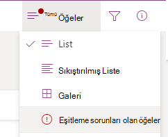 Görünüm seçeneklerini değiştir menüsünden Eşitleme sorunları olan öğeler seçeneğini belirleyin.