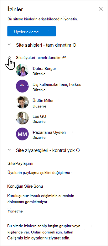 Üyeleri ve izin düzeylerini yönetmenize olanak sağlayan İzinler iletişim kutusu.