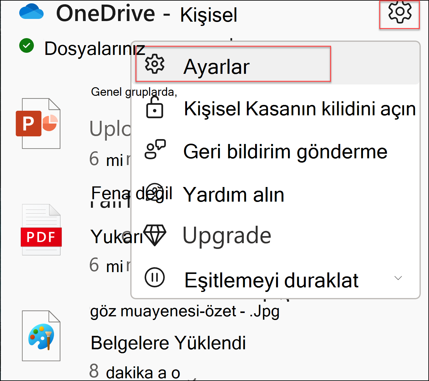 onedrive ayarlarının ekran görüntüsü