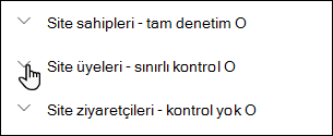 Site izin düzeylerinin listesi.