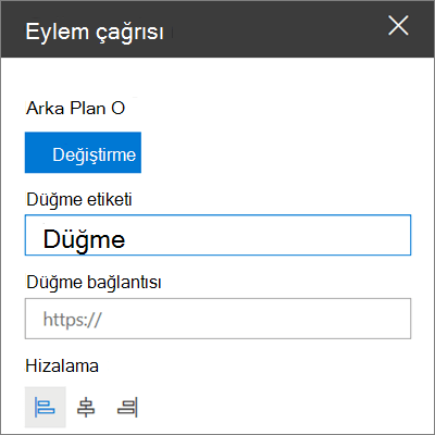 SharePoint siteleri için Harekete Geçirici Mesaj web bölümünün web bölümünün, web bölümünün bağlantısının, düğmesinin ve hizalamasının nasıl özelleştirildiğini gösteren araç kutusu