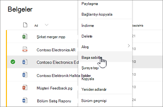 Dosyanın en üstüne sabitle menüsü