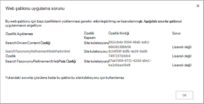 Kullanılamayan özellikler SharePoint Online’da site oluşturmayı engellediğinde alabileceğiniz hatanın gösterildiği hata iletisinin ekran görüntüsü.