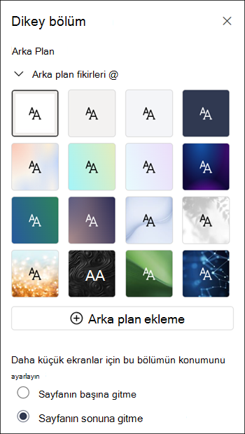 Dikey bir bölüm için Özellikler bölmesi