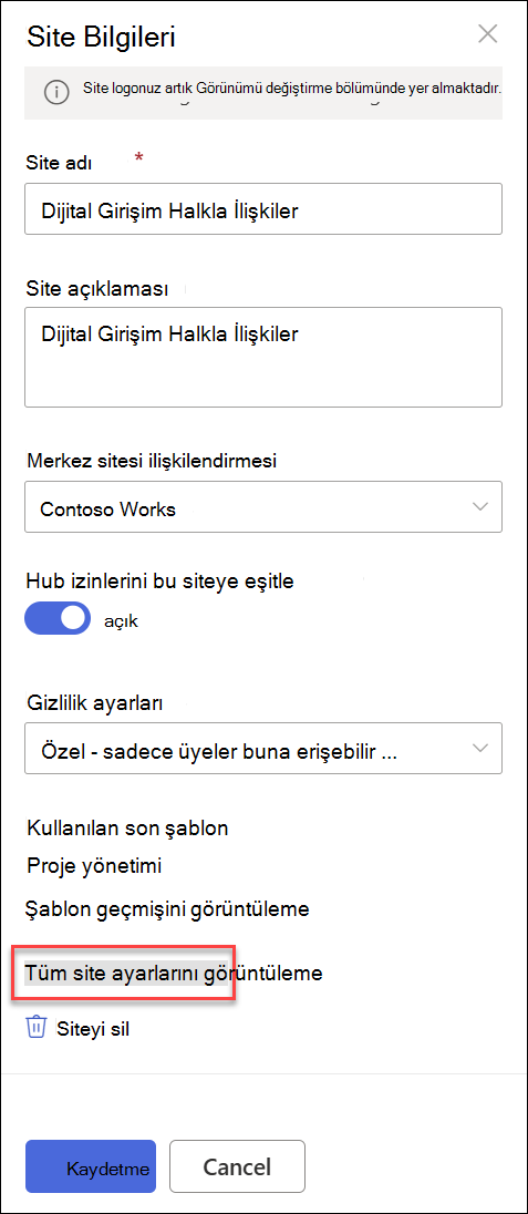 Site Bilgileri iletişim kutusu.