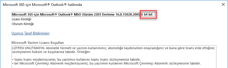 Microsoft Outlook’un ayrıntılarının görüntülendiği pencere.