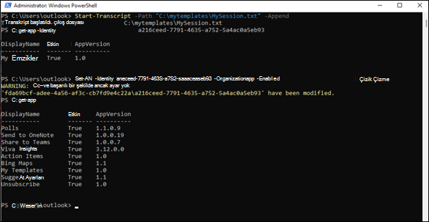 AdminYönetici powershell window for Outlook