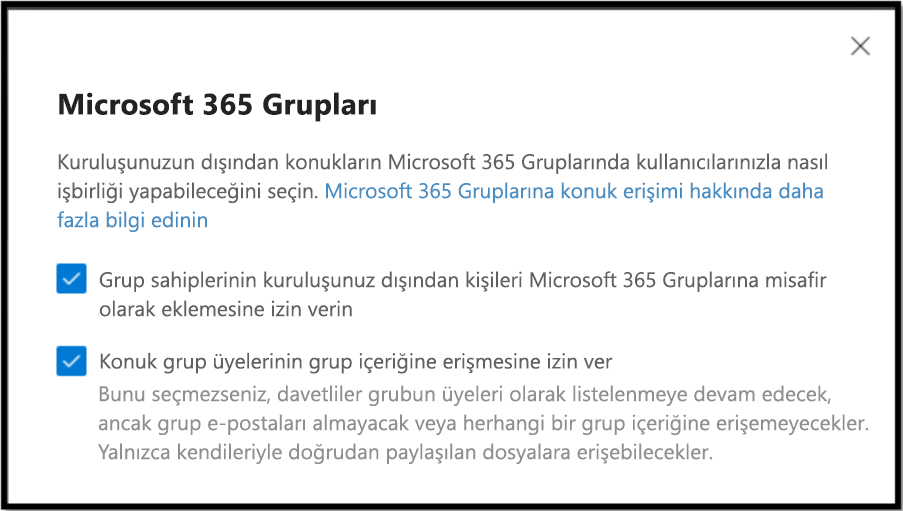 kuruluşunuzun dışından gelen konuğun microsoft 365 gruplarında kullanıcılarınızla nasıl işbirliği yapabileceğini seçin