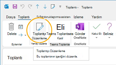 Toplantıyı düzenle düğmesi Outlook'ta şeridi özelleştirme