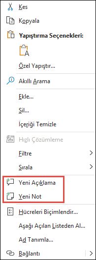 Excel'in sağ tıklama bağlam menüsünün resmi