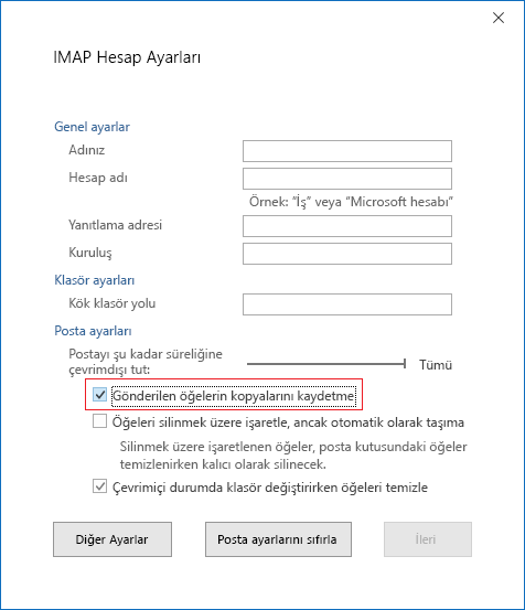 IMAP Hesabı Ayarları, Gönderilmiş Öğelerin kopyalarını kaydetmeyin