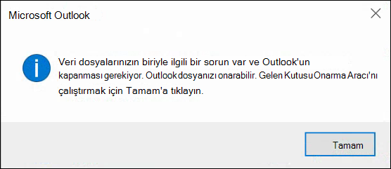Veri dosyalarınızın biriyle ilgili bir sorun var ve Outlook'un kapanması gerekiyor.