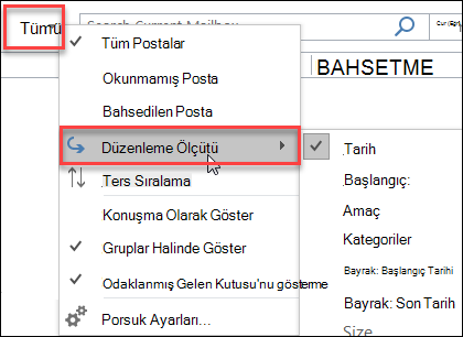 Outlook Tümü Menüsü