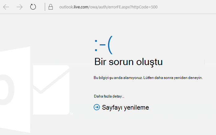 Outlook.com Bir sorun oluştu hata kodu 500
