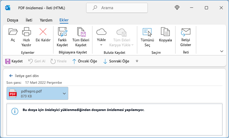 Outlook’tan görüntülemeye çalışılırken PDF’de hata oluştu
