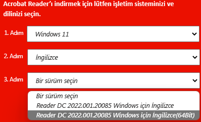 Adobe yükleme sürümlerinin açılan listesini gösteren pencere.