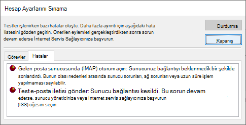 Test Hesabı Ayarları penceresinin ekran görüntüsü Hatalar sekmesi - IMAP