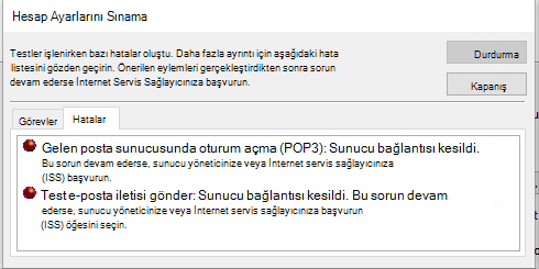Test Hesabı Ayarları penceresinin ekran görüntüsü Hatalar sekmesi - POP3