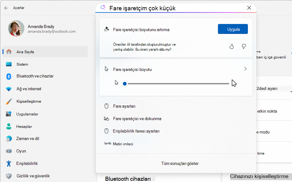 Aracıyı kullanan yapay zeka tabanlı bir aramayı gösteren Ayarlar'ın ekran görüntüsü.