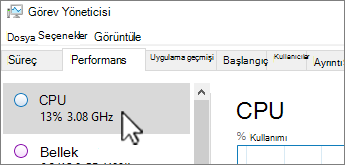 Performans sekmesi ve CPU bilgileri.