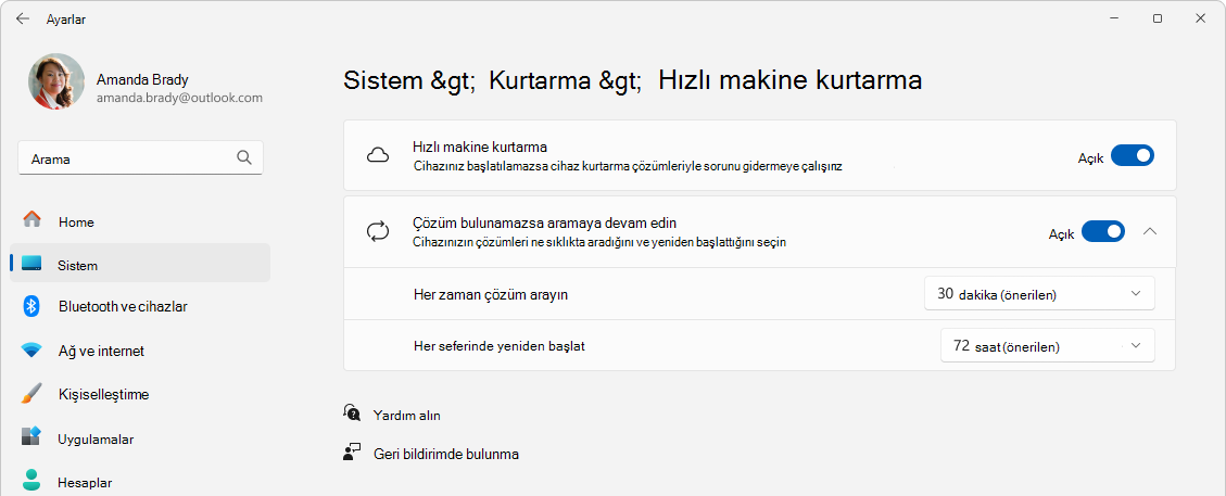 Ayarlar > Kurtarma > hızlı makine kurtarma ekran görüntüsü.