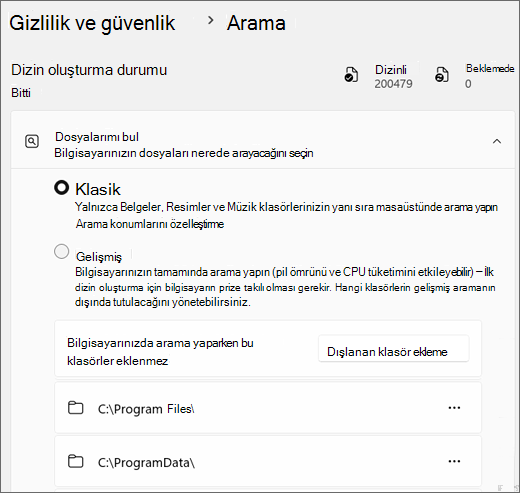 Windows Search Ayarlarını gösteren ekran görüntüsü.