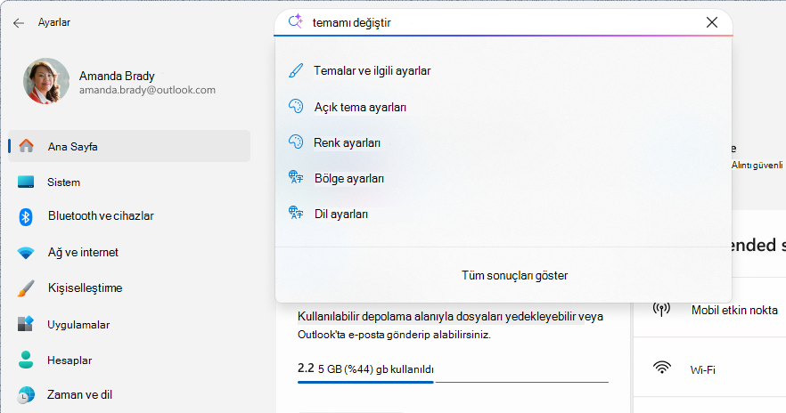 Ayarlarda yapılan bir aramanın ekran görüntüsü.