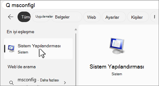 MSConfig'de arama yapın.