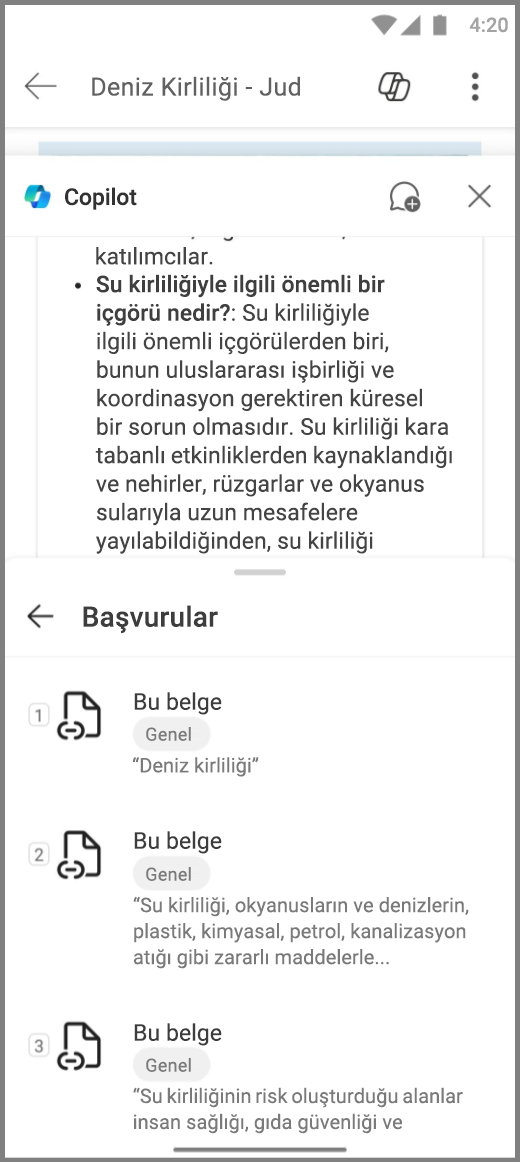Android cihazda Word'de Copilot'un Copilots yanıtı için Başvurular içeren ekran görüntüsü