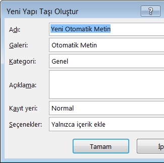 Yeni Yapı Taşı Oluştur iletişim kutusu