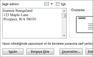 İade adresi kutusu
