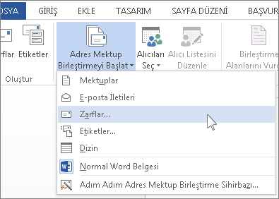 Adres Mektup Birleştirmeyi Başlat menüsü