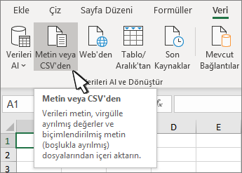 Veri sekmesinde Metin/CSV seçimi