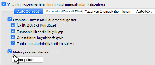 WordMac için Word Metni yazarken değiştir onay kutusu.