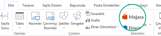 Office eklentilerini yüklemek için Office şeridinin Ekle sekmesindeki Mağaza düğmesini kullanın
