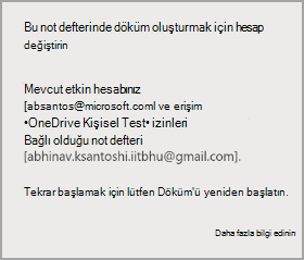 Bu not defterinde döküm oluşturmak için hesap değiştirin