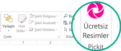 Pickit Ücretsiz Resim eklentisi yüklendikten sonra Şerit'teki Giriş sekmesinin sağ ucunda gösterilir.