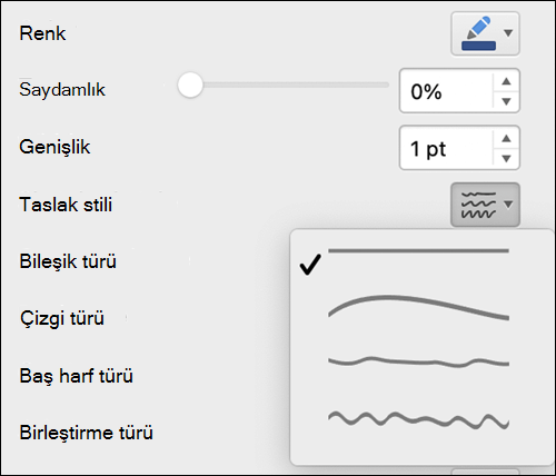 Mac'te Kabataslak stili seçili çizgi biçimi seçenekleri