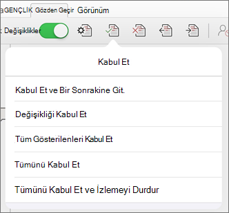 Değişiklikleri Kabul Et menüsü
