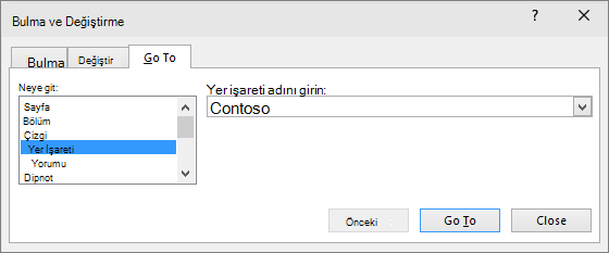 Bul ve Değiştir kutusunun Git sekmesi gösterilir.