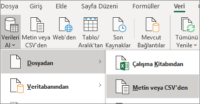 Metinden seçeneği Veri sekmesinde vurgulanır.