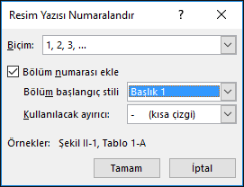 Resim yazılarına bölüm numarası eklemek için resim yazısı numaralandırma iletişim kutusunu kullanın.